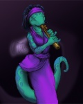 accessory anthro biped black_hair blue_markings clothed clothing dreadlocks eyes_closed female flute green_body hair headband markings music musical_instrument playing_music solo standing tail wind_instrument woodwind_instrument moonlite_symphony kokopelli_(moonlite_symphony) gecko lizard reptile scalie 2007