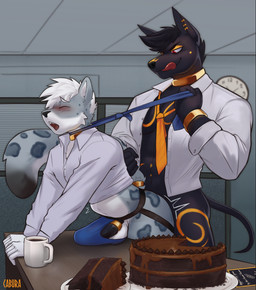 abdominal_bulge accessory anthro beverage black_body black_fur black_penis blush bulge cake candy chocolate chocolate_cake clothed clothed_sex clothing clothing_pull cock_ring coffee coffee_cup collar collared_shirt container cup dessert detailed_bulge dominant dominant_male dress_shirt duo erection floppy_ears food fur furgonomics genital_outline genitals grey_body grey_fur jewelry jockstrap licking licking_lips long_tail male male/male markings necktie necktie_pull office open_clothing open_shirt open_topwear penis penis_accessory penis_jewelry penis_outline ring sex shirt tail tail_accessory tail_jewelry tail_ring tenting tongue tongue_out topwear underwear unprofessional_behavior yellow_markings cabura djoser_(psychoh13) anubian_jackal canid canine canis felid jackal mammal pantherine snow_leopard hi_res