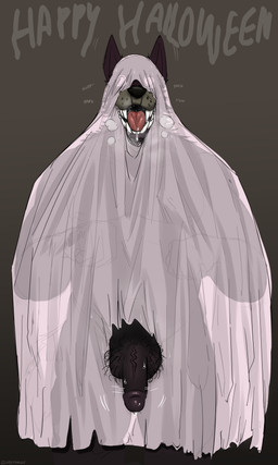 anthro balls black_glans black_penis bodily_fluids body_hair breath clothing drooling fangs flaccid front_view genitals ghost_costume glans grey_background hairy_balls holidays male neck_tuft open_mouth panting penis pubes saliva simple_background solo teeth text translucent translucent_clothing tuft alyrolly halloween canid canine canis mammal wolf 2024 absurd_res english_text hi_res