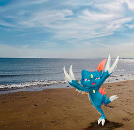 anthro blue_body claws cloud eyelashes featureless_crotch finger_claws looking_at_viewer male narrowed_eyes open_mouth photo_background raised_leg red_eyes sea shore sky solo toe_claws tongue water katsuraginoa nintendo pokemon generation_2_pokemon pokemon_(species) sneasel 2025 dated hi_res photography_(artwork) signature