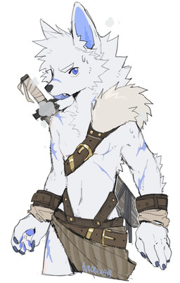 5_fingers abs annoyed anthro black_claws blue_eyes blue_pawpads blue_scar bodily_fluids claws fingers fur kemono male melee_weapon pawpads scar scars_all_over shirtless_anthro shirtless_male slim slim_male solo sweat sweatdrop sword weapon white_body white_fur amonex403 canid canine canis mammal wolf hi_res
