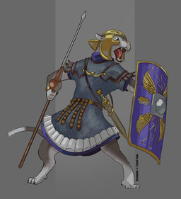anthro armor chainmail headgear helmet holding_melee_weapon holding_object holding_polearm holding_spear holding_weapon male melee_weapon open_mouth polearm roman scutum shield solo spear sword weapon purpleground02 domestic_cat felid feline felis mammal hi_res