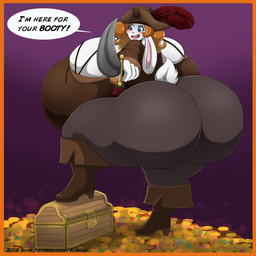 5_fingers anthro big_breasts big_butt blue_eyes blush boots border bottomwear breasts butt clothed clothing cutlass feathers female fingers footwear fur hair hat headgear headwear high_heeled_boots high_heels holding_object holding_weapon huge_breasts huge_butt hyper hyper_breasts melee_weapon orange_border orange_hair pants pirate purple_background shirt shoes simple_background solo standing sword tail text topwear treasure treasure_chest weapon white_body white_fur autumnmelody lagomorph leporid mammal rabbit 1:1 english_text hi_res