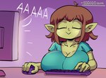 20pesos_sopa :> big_breasts breast_rest breasts brown_hair cleavage clothed clothing computer computer_mouse electronics eyelashes eyes_closed female gameplay_mechanics goblin green_body green_clothing green_shirt green_skin green_topwear hair hi_res humanoid keyboard lei_(20pesos_sopa) monitor sex shirt short_hair solo topwear