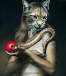 anthro apple blonde_hair breasts claws detailed_background female food fruit fur green_eyes hair natural_breasts nude oil photorealism plant realistic smile solo renebe domestic_cat felid feline felis lynx mammal reptile scalie snake absurd_res digital_media_(artwork) hi_res portrait signature traditional_media_(artwork)