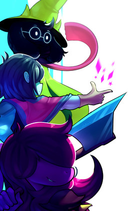 5_fingers abstract_background armor black_body black_fur blue_body blue_hair blue_skin clothing eyewear female fingers fur gesture glasses group hair hand_gesture long_hair male melee_weapon pointing pose purple_hair robe scarf shadow spikes weapon saucymauler deltarune undertale_(series) kris_dreemurr ralsei susie_(deltarune) bovid caprine darkner goat human lizard mammal reptile scalie 2018 absurd_res digital_media_(artwork) hi_res signature
