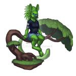 4_toes 5_fingers anthro beak black_beak blue_eyes clothed clothing digitigrade feet female fingers fur grass green_body green_fur plant solo toes katie_hofgard likeshine_(character) avian felid feline hybrid mammal 1:1 2017 digital_media_(artwork)