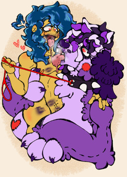 anthro bestiality blue_hair bodily_fluids female feral fur hair humanoid_on_anthro kiss_mark kiss_mark_covered larger_female larger_sub leash leash_pull lipstick_fetish male male/female paws puppet purple_body purple_fur saliva saliva_string size_difference smaller_male stitch_(sewing) submissive unknown_artist fan_character wally_darling canid canine canis domestic_dog humanoid mammal
