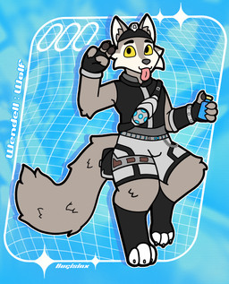anthro bottomwear chain chest_strap clothing fur gesture gloves hand_gesture handwear hat headgear headlamp headwear inner_ear_fluff lamp leg_warmers legwear looking_at_viewer male paws pouch_(clothing) shield_potion shorts solo tail text thigh_strap tongue tongue_out topwear tuft vest y2k_(graphic_design) bugisinx_(artist) epic_games fortnite wendell_(fortnite) canid canine canis humanoid mammal wolf hi_res