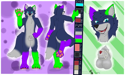 animal_genitalia anthro balls blue_body blue_eyes blue_fur canine_genitalia chastity_cage chastity_cage_only chastity_device chastity_device_only fur genitals green_body green_fur grey_body grey_fur male nude over_sheath_chastity_cage pawpads penis penis_tip permanent_chastity_cage permanent_chastity_device pink_pawpads purple_body purple_fur sheath_chastity_cage solo wearing_chastity_cage wearing_chastity_device wishi_fishi morcyd_(character) canid canine canis mammal wolf hi_res model_sheet
