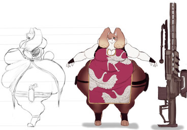 anthro asian_clothing belly big_belly big_breasts big_butt breasts brown_body brown_fur butt chinese_clothing chinese_dress cleavage clothed clothing curvy_figure dewlap_(anatomy) digitigrade dress east_asian_clothing fat_folds female fingerless_gloves floppy_ears fur futuristic_gun gloves gun hair hair_over_eye handgun handwear holster holstered_pistol huge_belly huge_breasts huge_butt huge_thighs hyper hyper_belly hyper_butt hyper_thighs legwear lop_ears multicolored_body multicolored_fur obese obese_anthro obese_female overweight overweight_anthro overweight_female pantyhose railgun ranged_weapon rifle scut_tail short_tail side_view sniper_rifle solo tail thick_thighs thigh_strap voluptuous voluptuous_anthro voluptuous_female weapon white_body white_fur itzjaylock domestic_rabbit lagomorph leporid lop_rabbit mammal oryctolagus rabbit model_sheet