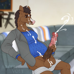 animal_genitalia animal_penis anthro balls big_balls bodily_fluids clothed clothing cum cum_drip cum_string cumshot dripping ejaculation equine_genitalia equine_penis genital_fluids genitals male masturbation penis skimpy solo sweat sweaty_balls sweaty_genitalia thick_thighs arcticvolt bojack_horseman netflix bojack_horseman_(character) equid equine mammal 1:1