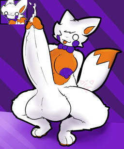 anthro balls big_balls big_breasts biped blush bodily_fluids bow_tie bow_tie_only breasts crouching cum ejaculation erection fox_tail fur genital_fluids genitals gynomorph gynomorph_anthro huge_balls humanoid_genitalia humanoid_penis hyper hyper_balls hyper_genitalia intersex intersex_anthro mostly_nude nipples one_eye_closed penis purple_blush purple_nipples solo thighs_spread white_body white_fur wink yellow_body yellow_fur gabegt five_nights_at_freddy's five_nights_at_freddy's_world five_nights_at_frickbear's_(series) five_nights_at_frickbear's_3 scottgames lolbit_(fnaf) lolbit_(frickbear's) canid canine fox mammal 5:6 absurd_res hi_res reference_image