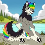 anthro blue_eyes fur hair lgbt_pride looking_at_viewer looking_back male multicolored_body multicolored_fur multicolored_hair multicolored_tattoo outside paws plant rainbow_hair rainbow_tattoo solo tattoo tree water victor_the_wolf_(artist) prysm_(victor_the_wolf) canid canine canis mammal wolf 1:1 hi_res