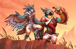 2022 3_toes 4_fingers 5_fingers anthro avian azurisz beak black_beak breath_of_the_wild claws clothed clothing digitigrade duo feathered_wings feathers feet finger_claws fingers green_eyes hi_res kass_(tloz) male nintendo outside rito rollwulf shaded standing tail tail_feathers the_legend_of_zelda toe_claws toes winged_arms wings yellow_eyes
