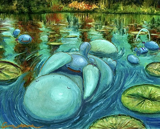 ambiguous_gender anthro blue_body feral group lily_pad on_another on_another's_belly open_mouth plant size_difference swimming tail water gyuragyura nintendo pokemon generation_2_pokemon pokemon_(species) quagsire wooper 2025 signature