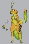 antennae_(anatomy) anthro breasts eating eating_food female genitals muscular pussy solo spikes spikes_(anatomy) stripes wings cupic arthropod grasshopper insect orthopterid hi_res