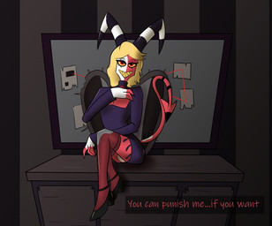 anthro clothed clothing crossdressing femboy footwear high_heels legwear male shoes solo stockings reachahighernoon hellaverse helluva_boss blitzo_(helluva_boss) demon imp hi_res