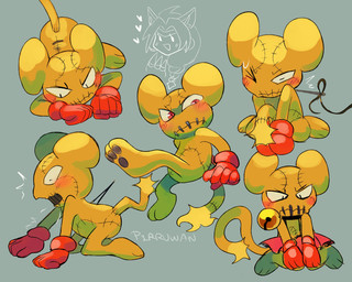 all_fours anthro blush clothing embarrassed fur gloves handwear kneeling male pawpads red_eyes seam_(sewing) solo yellow_body yellow_fur pirruwan bandai_namco digimon digimon_(species) tyutyumon hi_res