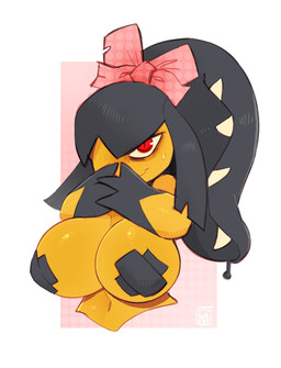 anthro big_breasts black_hair black_hands black_pasties bodily_fluids border bow_accessory breasts covered_nipples covering covering_mouth emoji_description fangs female glistening glistening_breasts hair huge_breasts nipple_tape pasties pink_background pink_ribbon pupils red_eyes sharp_teeth simple_background slit_pupils smile solo sweat tape teeth white_border yellow_body foresttherotten don't_attack_me_mawile nintendo pokemon generation_3_pokemon mawile pokemon_(species) 2026 absurd_res half-length_portrait hi_res meme portrait