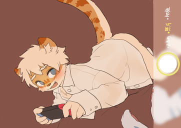 4_fingers adolescent all_fours anthro blonde_hair blue_eyes blush bottomless brown_body brown_fur brown_stripes brown_tail camera_view clothed clothing collared_shirt controller countershading dress_shirt electronics eyebrow_through_hair eyebrows fingers fur game_console gaming hair holding_object kemono male markings multicolored_body multicolored_fur multicolored_tail no_pupils open_clothing open_mouth open_shirt open_topwear orange_body orange_fur pawpads playing_video_game raised_tail shirt shota simple_background smile solo striped_body striped_fur striped_markings striped_tail stripes tail tail_markings text topwear translucent translucent_hair white_body white_clothing white_fur white_shirt white_tail white_topwear young young_anthro young_male milkybot nintendo nintendo_switch hu_ku_li_(milkybot) domestic_cat felid feline felis mammal 2018 chinese_text hi_res translated