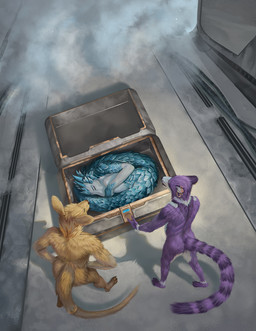 anthro book box container corridor female group male nude science_fiction trio conditional_dnp royz kangaroo macropod mammal marsupial pangolin procyonid raccoon cover hi_res