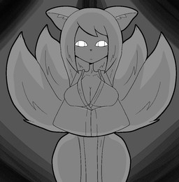 anthro big_breasts breasts cleavage clothed clothing female fur glowing glowing_eyes grey_background hair looking_at_viewer multi_tail robe simple_background solo tail thick_thighs white_eyes wide_hips usagibun1 muraoka_(usagibun1) canid canine fox mammal 2025 digital_media_(artwork) greyscale monochrome