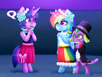 accessory alternate_form anthro black_tie_(suit) clothing dress female feral flower flower_in_hair grass group hair hair_accessory happy hat headgear headwear heart_symbol horn male male/female night plant shrub suit top_hat trio wings miracleink friendship_is_magic hasbro my_little_pony mythology rainbow_dash_(mlp) spike_(mlp) twilight_sparkle_(mlp) equid equine mammal mythological_creature mythological_equine pegasus unicorn winged_unicorn