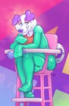 abstract_background ageplay ambiguous_gender anthro bib biped blue_eyes clothed clothing diaper diaper_under_clothing glistening glistening_body glistening_clothing green_clothing high_chair infantilism latex latex_clothing looking_at_viewer onesie purple_body purple_nose rattle roleplay simple_background sitting smile solo white_body kadawampus kaddie_(dalmatian) animate_inanimate canid canine canis dalmatian diaper_creature domestic_dog mammal 2020 digital_media_(artwork) hi_res