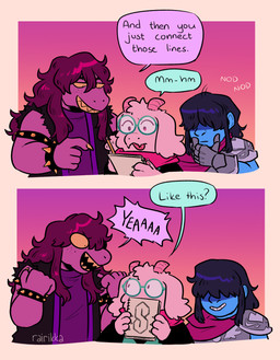 2_horns 2_panel_comic ambiguous_gender anthro armor blue_body blue_hair blue_skin brown_hair cape clothed clothed_anthro clothed_human clothing dialogue drawing freckled_face freckles fur gesture grin group hair hand_gesture hand_on_face horn nodding pencil_(object) pointing pointy_speech_bubble purple_body purple_scales scales sketchbook smile speech_bubble text trio white_body white_fur yelling hiirenvirna cool_s deltarune undertale_(series) kris_(deltarune) ralsei susie_(deltarune) bovid caprine darkner goat human mammal reptile scalie 2025 artist_name digital_drawing_(artwork) digital_media_(artwork) english_description english_text hi_res female_(lore) male_(lore)