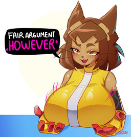 anthro big_breasts breasts brown_body brown_hair dialogue eyebrows eyelashes eyewear eyewear_on_head female goggles goggles_on_head hair huge_breasts magenta_eyes open_mouth open_smile smile solo text whiskers yellow_sclera k0t0pr0 fair_argument_(meme) gameoverse glitch_productions kit_bodega domestic_cat felid feline felis mammal 2026 english_text hi_res meme