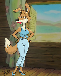anthro breasts cleavage clothed clothing detailed_background female floppy_ears footwear hands_on_hips high_heels lipstick looking_at_viewer makeup pose seductive shoes smile solo standing tail teeth topwear dragonboy618 blinky_bill_(series) daisy_dingo canid canine canis dingo mammal digital_media_(artwork) hi_res pinup shaded signature