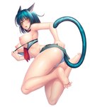 areola belt big_breasts blue_bra blue_clothing blue_hair blue_panties blue_tail blue_underwear blush bottomwear bra breasts butt clothed clothing denim denim_bottomwear denim_clothing denim_skirt fangs feet female hair jumping necktie nipples panties red_necktie simple_background skirt solo tail teeth toes underwear white_background yellow_eyes aikawa_arisa taimanin_(series) merci_(taimanin_asagi) animal_humanoid cat_humanoid felid felid_humanoid feline feline_humanoid humanoid mammal mammal_humanoid digital_media_(artwork) hi_res official_art