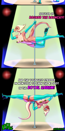 anthro big_breasts blonde_hair boots breasts butt clothed clothing dialogue evening_gloves female flexible footwear hair handwear high_heeled_boots high_heels legwear looking_at_viewer open_mouth pasties pole red_body red_skin sharp_teeth shoes solo splits spotlight spots spread_legs spreading stripper stripper_pole teeth text thigh_boots thigh_highs thong underwear animana21 nsfani amphibia_(series) disney general_yunan amphibian newt salamander 2021 absurd_res comic english_text hi_res