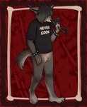 anthro bottomless bracelet clothed clothing featureless_crotch flesh_tunnel gun jewelry male ranged_weapon shirt shirt_only solo spiked_bracelet spikes text text_on_clothing text_on_shirt text_on_topwear topwear topwear_only weapon necr0manla canid canine canis coyote mammal english_text hi_res