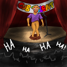anthro blush blush_lines bodily_fluids bottomwear bottomwear_down brown_bottomwear brown_clothing brown_pants clothed clothing detailed_background dim_lighting electronics embarrassed embarrassing_nudity exhibitionism fur genitals group humiliation laugh laughing_at_another male microphone microphone_stand no_underwear orange_body orange_fur pants pants_down partially_clothed penis penis_humiliation public purple_clothing purple_shirt purple_topwear shirt small_penis small_penis_humiliation solo spotlight stage tears topwear wardrobe_malfunction young young_male ambiguous_species 1:1 hi_res