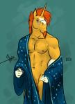 anthro anthrofied barely_visible_genitalia barely_visible_penis blaze_(marking) body_hair cape clothing eyewear facial_hair facial_markings genitals glasses head_markings horn male markings penis solo undressing white_markings bgn friendship_is_magic hasbro my_little_pony mythology sunburst_(mlp) equid equine mammal mythological_creature mythological_equine unicorn 2016
