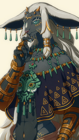 3_eyes abs anthro claws clothing finger_claws green_eyes hair horn jewelry long_hair male multi_eye navel necklace simple_background solo white_hair biteaddict nintendo tears_of_the_kingdom the_legend_of_zelda rauru_(tears_of_the_kingdom) bovid caprine goat mammal zonai 2023 hi_res