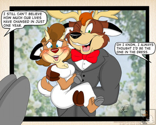 after_transformation anthro blue_eyes bow_tie breasts brown_body brown_fur clothed clothed_anthro clothed_female clothed_male clothing comic_panel dialogue dress duo female fingers fur gender_transformation green_eyes holidays hoof_hands hoop hooved_fingers hooves husband husband_and_wife looking_at_viewer male male/female married_couple memories multicolored_body multicolored_fur one_eye_closed photo picture_frame picture_taking scrapbook speech_bubble suit text toony transformation transformation_ring transformation_sequence wedding wedding_dress wife wink winking_at_viewer lightluxcollie new_year new_year_2023 deer mammal new_world_deer comic english_text hi_res