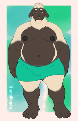 anthro areola barbell_piercing barefoot belly bulge clothed clothing curly_hair ear_piercing facial_hair facial_piercing feet front_view fur goatee hair looking_at_viewer male moobs multicolored_body multicolored_fur navel nipple_dip nipple_piercing nipples nose_piercing overweight overweight_anthro overweight_male piercing ponytail solo standing tear_trough topless topless_anthro topless_male two_tone_body two_tone_fur underwear underwear_only hunnipanda bovid caprine mammal sheep 2025 hi_res