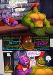 alligator alligatorid anthro bartender big_muscles bonnie_(fnaf) bulge comic crocodilian english_text five_nights_at_freddy's five_nights_at_freddy's:_security_breach fur green_body hair hi_res humor lagomorph leporid machine male mammal mohawk montgomery_gator muscular muscular_anthro muscular_male nipples pecs purple_body purple_fur purple_nipples rabbit red_hair reptile robot scalie scottgames sitting smile steel_wool_studios text uniparasite