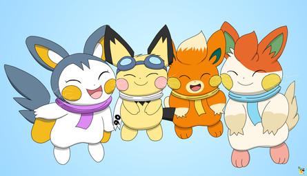 blue_background cheek_to_cheek electricity eyes_closed eyewear eyewear_on_head fur goggles goggles_on_head group hair logo open_mouth open_smile orange_body orange_fur scarf simple_background smile white_body white_fur white_hair yellow_body yellow_fur pichu90 nintendo pokemon nise_pawmo sparks_pichu tangy_pawmi yarn_emolga emolga generation_2_pokemon generation_5_pokemon generation_9_pokemon pawmi pawmo pichu pokemon_(species) absurd_res artist_logo hi_res