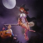 anthro big_breasts black_cape black_clothing breasts broom broom_riding brown_body candy cape cleaning_tool clothed clothing dessert female food hair hat headgear headwear holidays lollipop long_hair magic_user moon multicolored_body night orange_eyes red_hair skimpy solo tail two_tone_body white_body witch witch_hat imrs_21 halloween ashley_(mutagen) caracal caracal_(genus) felid feline mammal 1:1 2024 3d_(artwork) absurd_res digital_media_(artwork) hi_res