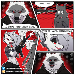 anthro black_sclera blood bodily_fluids clothing death ear_piercing ear_ring eyebrow_piercing eyebrow_ring facial_piercing female fur grey_body grey_eyes grey_fur gun male piercing ranged_weapon red_background red_eyes red_sclera ring_piercing simple_background smile text weapon what conditional_dnp taurika dreamworks hellaverse helluva_boss puss_in_boots_(franchise) death_(puss_in_boots) loona_(helluva_boss) canid canid_demon canine canis demon mammal wolf 1:1 comic crossover english_text hi_res