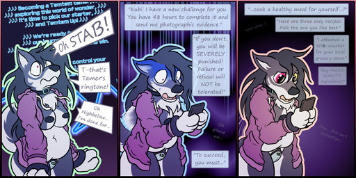 anthro belly black_collar black_hair black_nose bottomless bottomless_anthro bottomless_female breasts cellphone chastity_belt chastity_device clothed clothing collar dialogue electronics female hair heterochromia holding_cellphone holding_object holding_phone holding_smartphone hoodie humanoid_hands humor long_hair navel neck_tuft no_bra open_clothing open_hoodie open_mouth open_topwear phone pink_eyes pink_tongue purple_clothing purple_hoodie purple_topwear slightly_chubby slightly_chubby_anthro slightly_chubby_female smartphone solo speech_bubble tail talking_to_self text text_box texting tongue topwear tuft wearing_chastity_belt wearing_chastity_device wearing_collar yellow_eyes snowleandre_(artist) crema_(company) temtem momo_(temtem) temtem_(species) 2026 2:1 comic digital_drawing_(artwork) digital_media_(artwork) english_description english_text story story_in_description