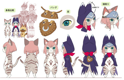 accessory anthro brown_body brown_fur chart cloak clothing female fur green_eyes hair headband hood kerchief multiple_angles neckerchief neckwear off/on pink_hair semi-anthro short_hair solo stripes text turnaround whiskers unknown_artist capcom monster_hunter monster_hunter_stories monster_hunter_stories_2:_wings_of_ruin tsukino_(monster_hunter_stories) felid felyne lynian mammal digital_media_(artwork) hi_res japanese_text model_sheet official_art