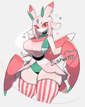 anthro big_breasts blush breasts clothing eyelashes female heart_symbol legwear looking_at_viewer non-mammal_breasts pink_sclera simple_background solo text thick_thighs thigh_highs togetoge nintendo pokemon arthropod generation_7_pokemon lurantis pokemon_(species) hi_res species_name