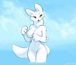 2d10 animated anthro arctic_fox breasts canid canine circle_eyebrows clapping cloud daww eyebrows female fox fur mammal nipples nude outdoor_nudity outside partially_submerged pawpads short_playtime sky solo splash standing swaying tail tail_motion tailwag true_fox water white_body white_fur