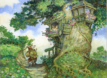 ambiguous_gender anthro building clothing cloud day duo flower grass green_clothing hat headgear headwear holding_object holding_staff house looking_up male outside plant smile staff tail tree tree_house larry_macdougall canid canine fox mammal gouache_(artwork) painting_(artwork) traditional_media_(artwork) traditional_painting_(artwork)