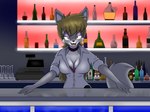 anthro bartender big_breasts black_nose blonde_hair bra breasts brown_eyes cheek_tuft choker cleavage clothed clothing container countershade_face countershade_fur countershade_neck countershade_torso countershading cup dress_shirt drinking_glass eyebrow_through_hair eyebrows eyelashes eyeshadow facial_tuft female front_view fur glass glass_container glass_cup grey_body grey_clothing grey_countershading grey_ears grey_inner_ear grey_shirt grey_tail grey_topwear grey_tuft hair jewelry long_hair looking_at_viewer makeup narrowed_eyes necklace open_mouth open_smile pink_bra pink_clothing pink_tongue pink_underwear purple_choker purple_eyeshadow purple_jewelry purple_necklace shirt smile solo tail teeth tongue topwear translucent translucent_hair tuft underwear white_dress_shirt wine_glass statx015 dana_rosland canid canine canis mammal wolf 2014 digital_drawing_(artwork) digital_media_(artwork) hi_res shaded soft_shading